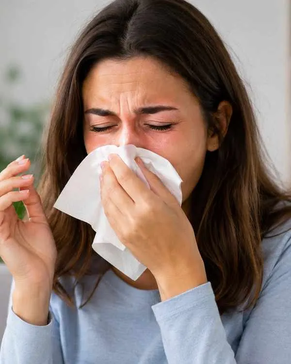 Niesende Person mit tränenden Augen als möglicher Hinweis auf eine Allergie
