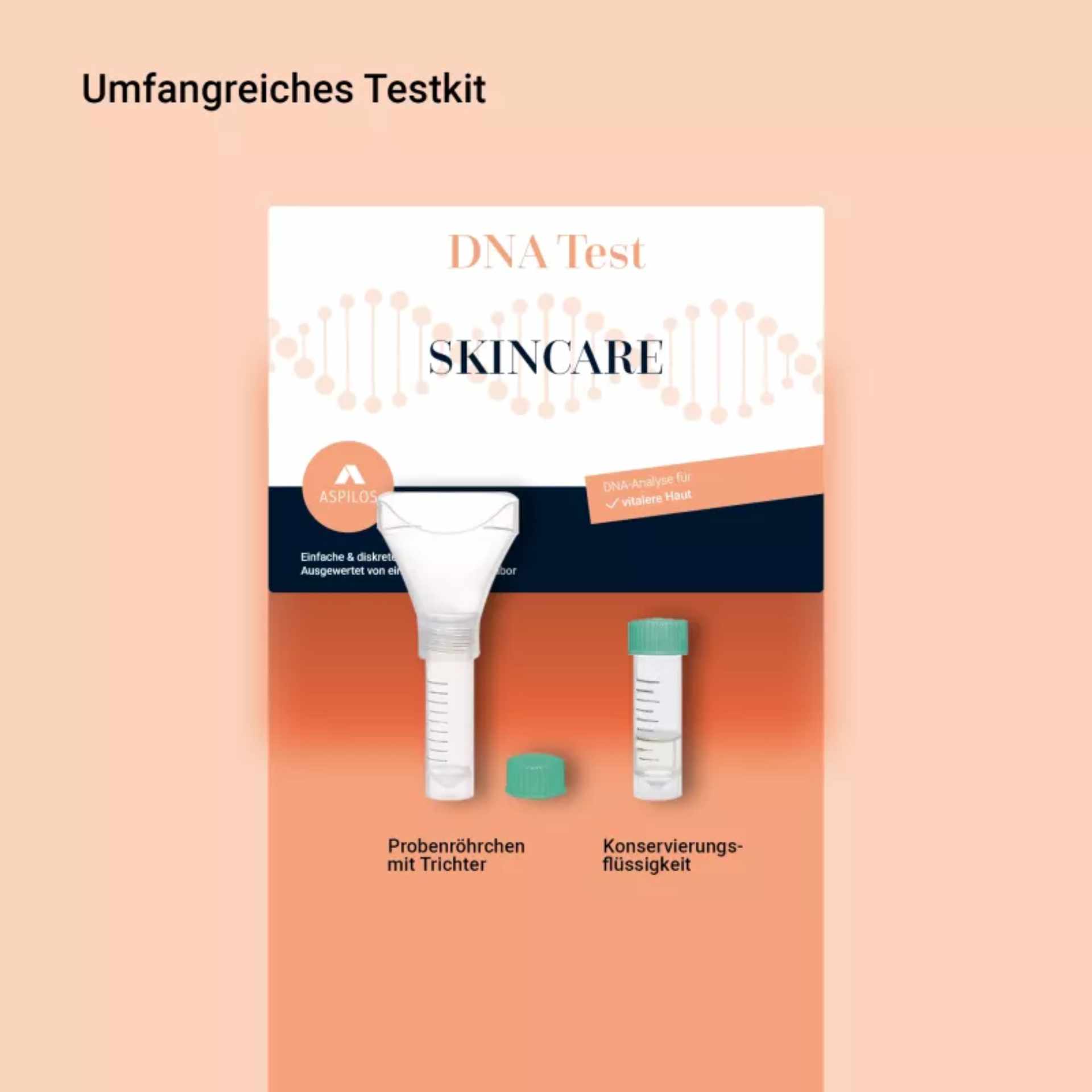 Skin Care DNA-Test Kit – Lieferumfang mit Probenröhrchen und Zubehör Skin Care DNA-Test Kit Inhalt: Probenröhrchen, Trichter und Konservierungsflüssigkeit für die Speichelprobe
