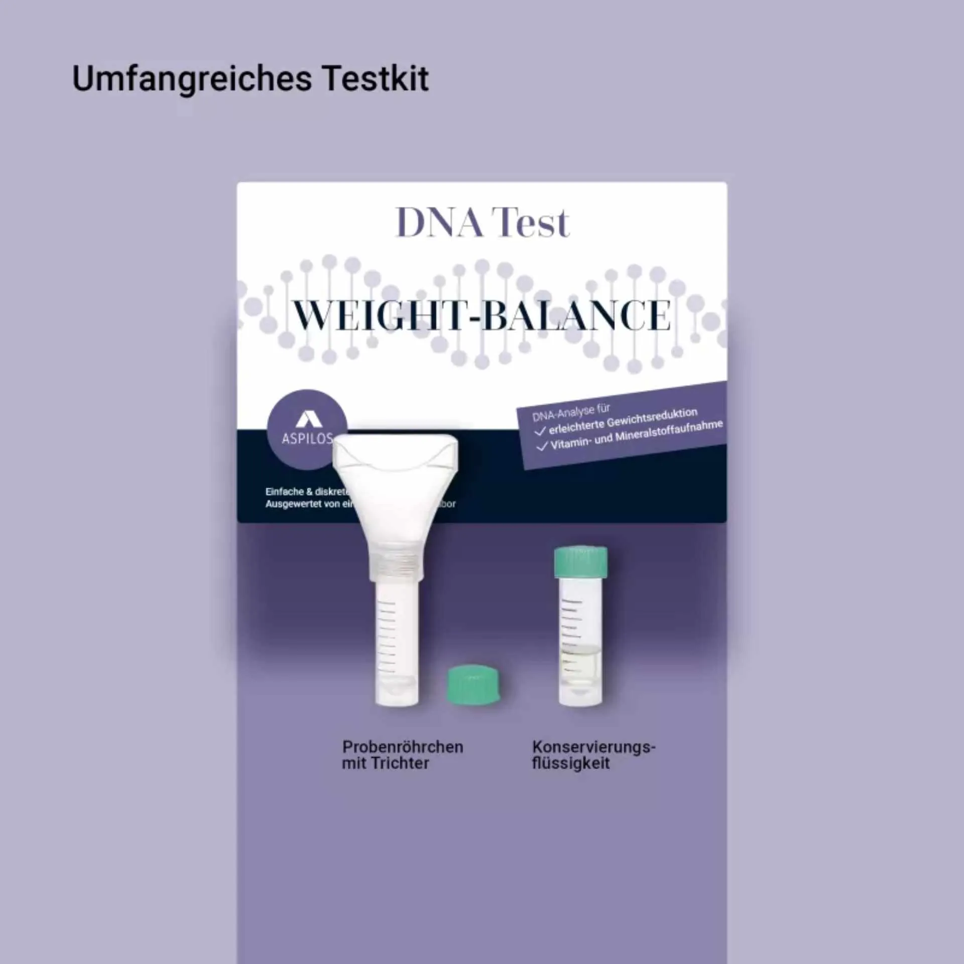 Weight-Balance DNA-Test Kit Inhalt: Probenröhrchen, Trichter und Konservierungsflüssigkeit