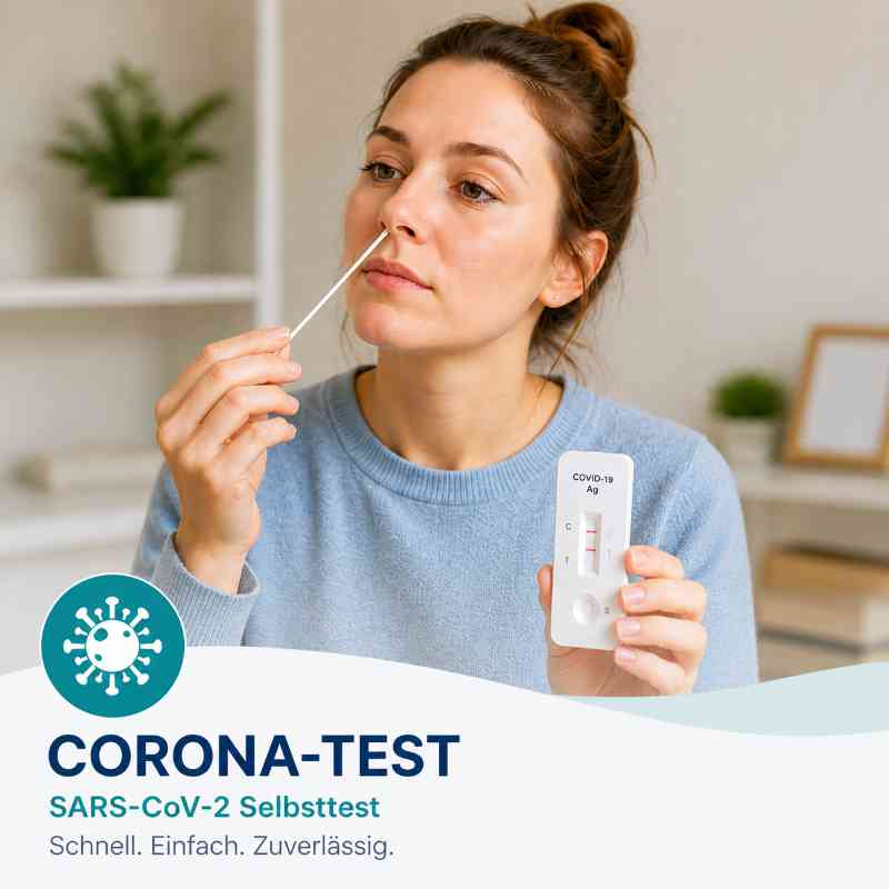 Corona-Test Selbsttest für Zuhause – Frau führt SARS-CoV-2 Schnelltest durch und hält Testkassette in der Hand