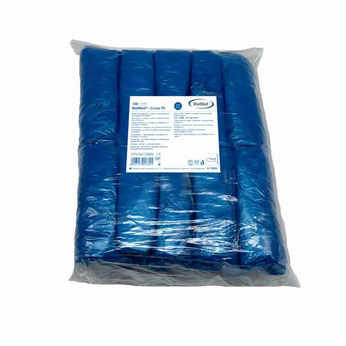 MaiMed Cover PE Schuhüberzieher Blau, 100 Stück pro Packung, wasserabweisende Einweg-Überschuhe für Klinik, Pflegeeinrichtungen, Reinräume und Lebensmittelbetriebe.