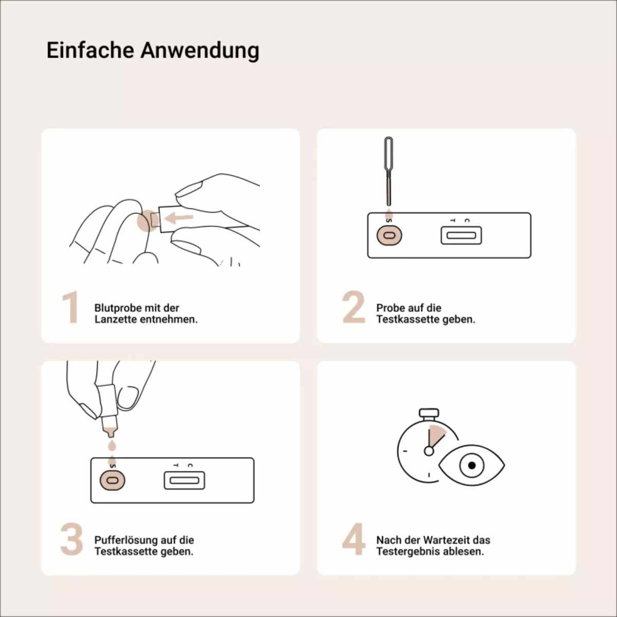 Schritt-für-Schritt-Anleitung zur Durchführung des Ferritin Eisen Selbsttests mit Blutprobe, Pufferlösung und Ergebnisauswertung