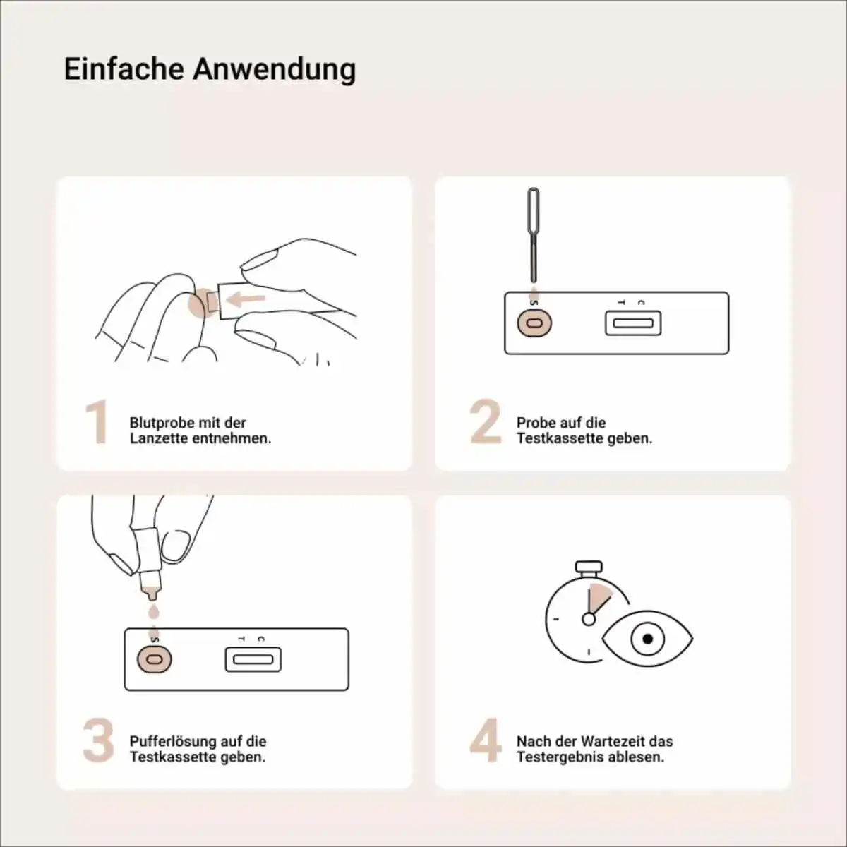 Schritt-für-Schritt-Anleitung zur Durchführung des Ferritin Eisen Selbsttests mit Blutprobe, Pufferlösung