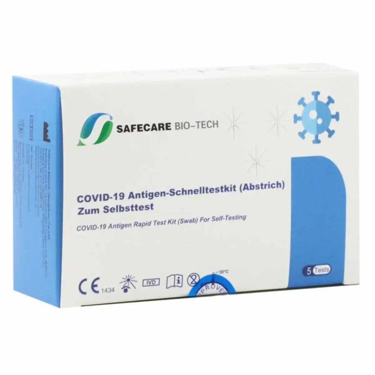 Safecare Corona Schnelltest 5er Pack – Verpackung des SARS-CoV-2 Antigen Selbsttests mit 5 einzeln verpackten Tests