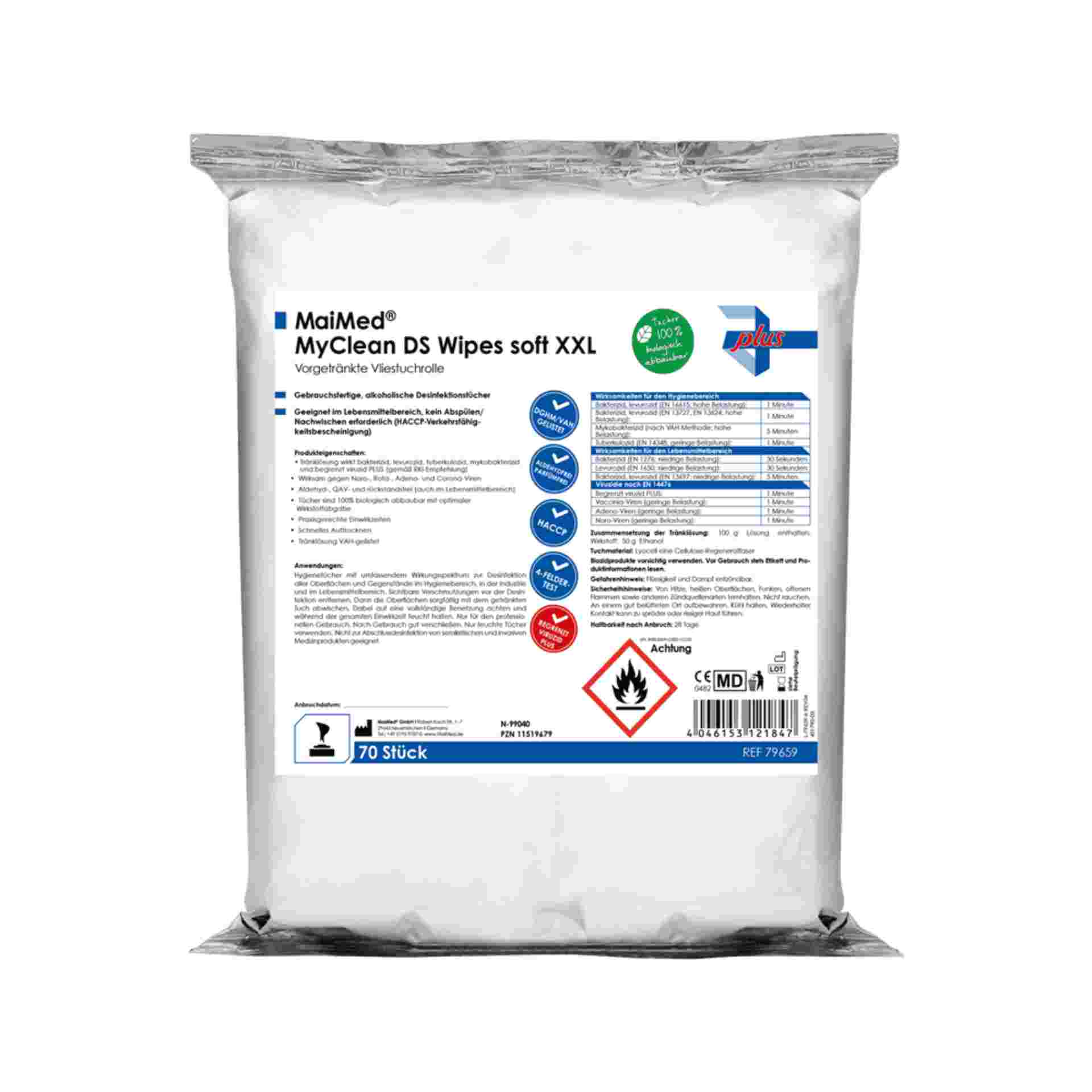 MaiMed® MyClean DS Wipes soft XXL – 70 Blatt / Pack MaiMed® MyClean DS Wipes soft XXL – alkoholhaltige Desinfektionstücher 29×29 cm, 70 Blatt, begrenzt viruzid PLUS, VAH+IHO gelistet