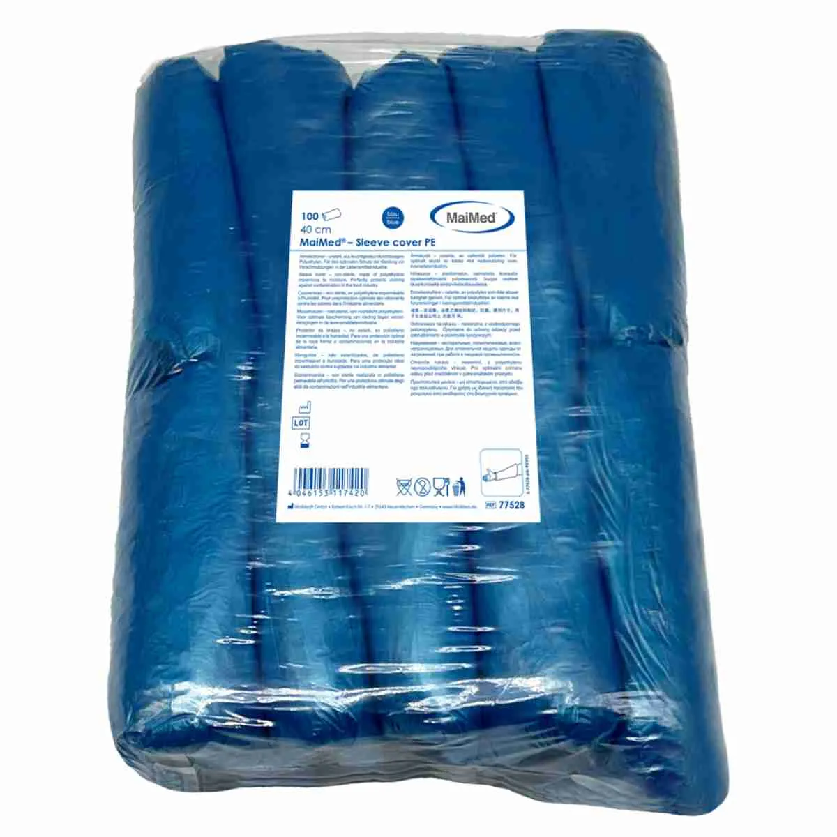 MaiMed Sleeve Cover PE Ärmelschoner in Blau aus Polyethylen zum Schutz der Unterarme bei Hygiene-, Reinigungs- und Lebensmittelarbeiten, 100 Stück im Beutel.