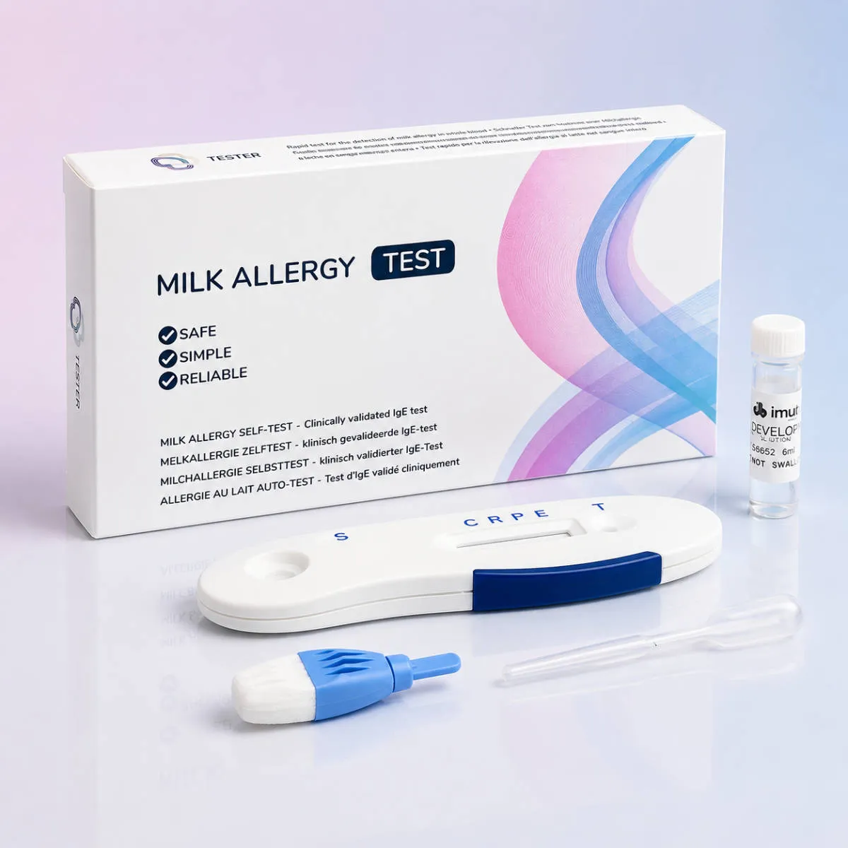 Lieferumfang des Milchallergie-Selbsttests mit Testkassette, Lanzette, Transferpipette und Pufferlösung