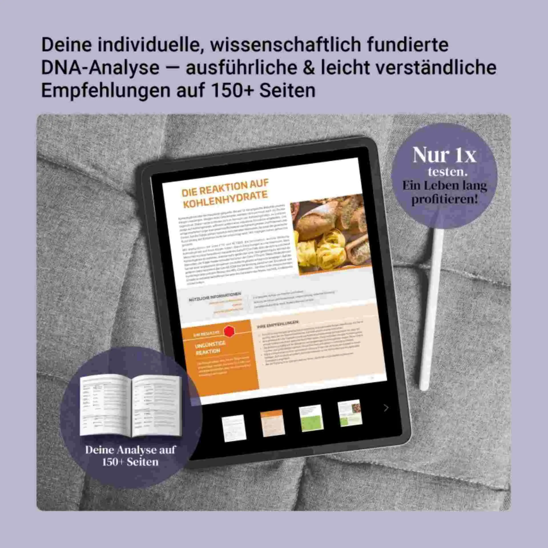 Beispielseite des Weight-Balance DNA-Analyseberichts auf Tablet – Kohlenhydratreaktion und Ernährungsempfehlungen