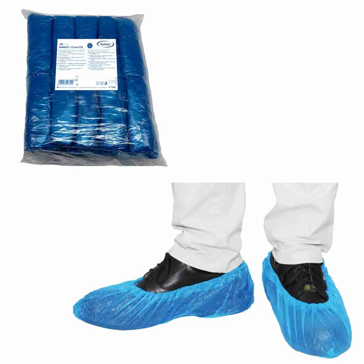 MaiMed Cover CPE Einweg-Schuhüberzieher mit Verpackungseinheit für den Schutz vor Feuchtigkeit und Verschmutzungen in hygienisch sensiblen Bereichen.