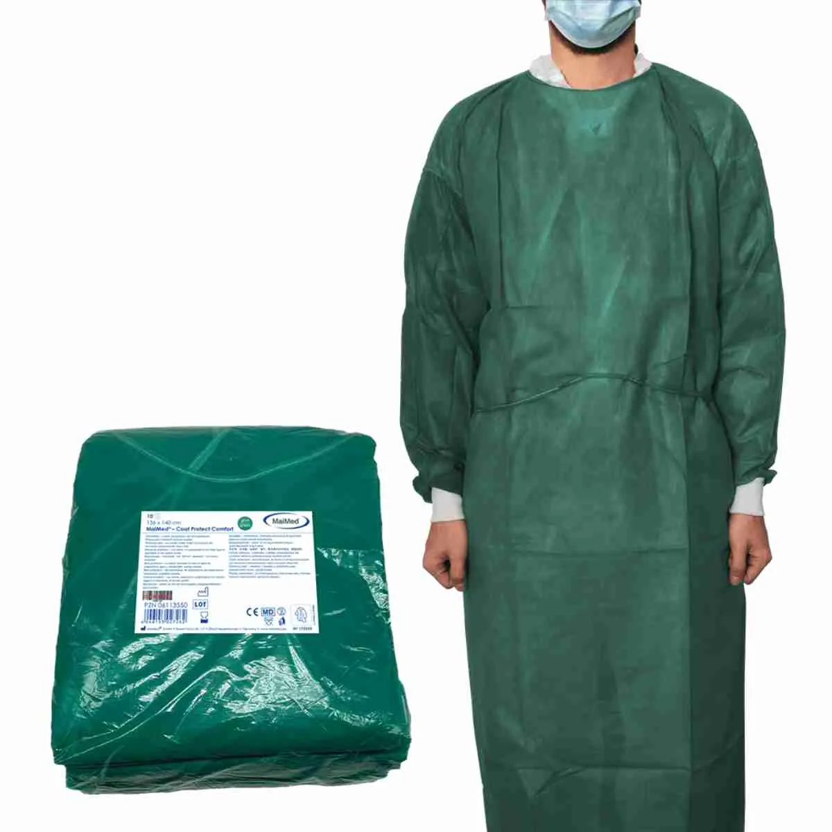 MaiMed® Coat Protect Comfort Einweg-Schutzkittel mit Baumwollbündchen inklusive Produktverpackung für Pflege und Klinikalltag