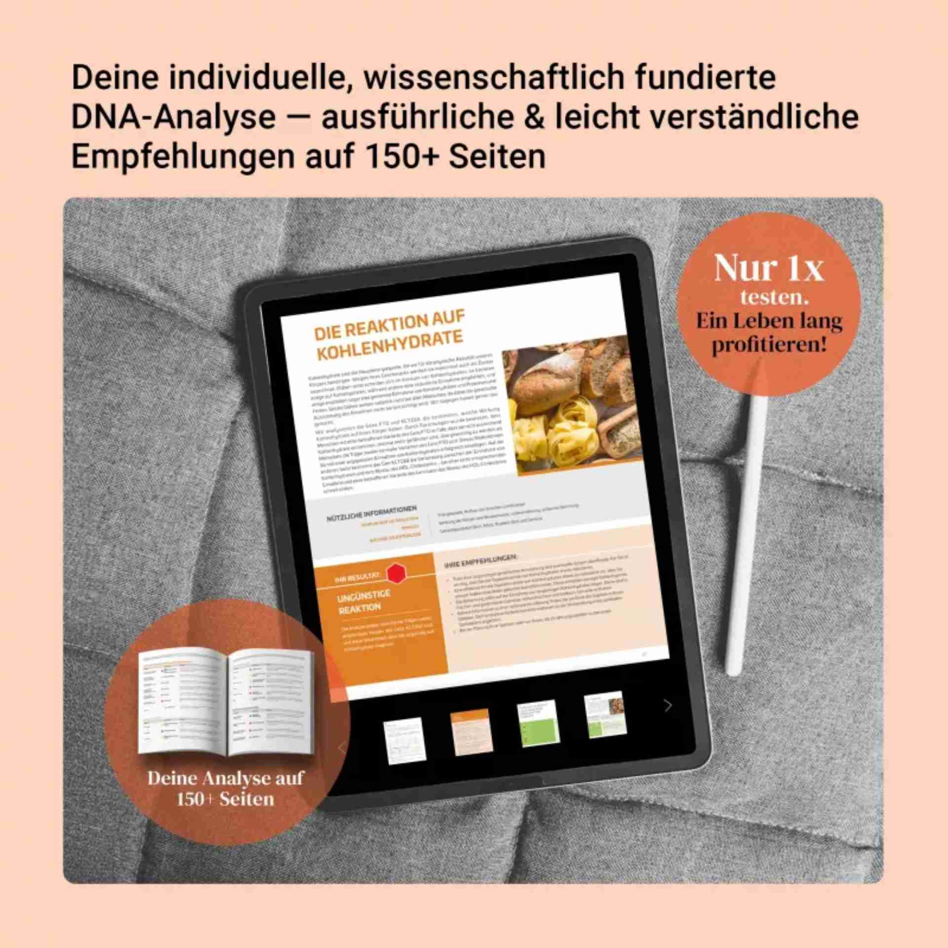 Skin Care DNA-Analyse – Digitaler Bericht mit individuellen Hautpflege-Empfehlungen Beispielseite des Skin Care DNA-Analyseberichts auf Tablet – wissenschaftlich fundierte Hautempfehlungen