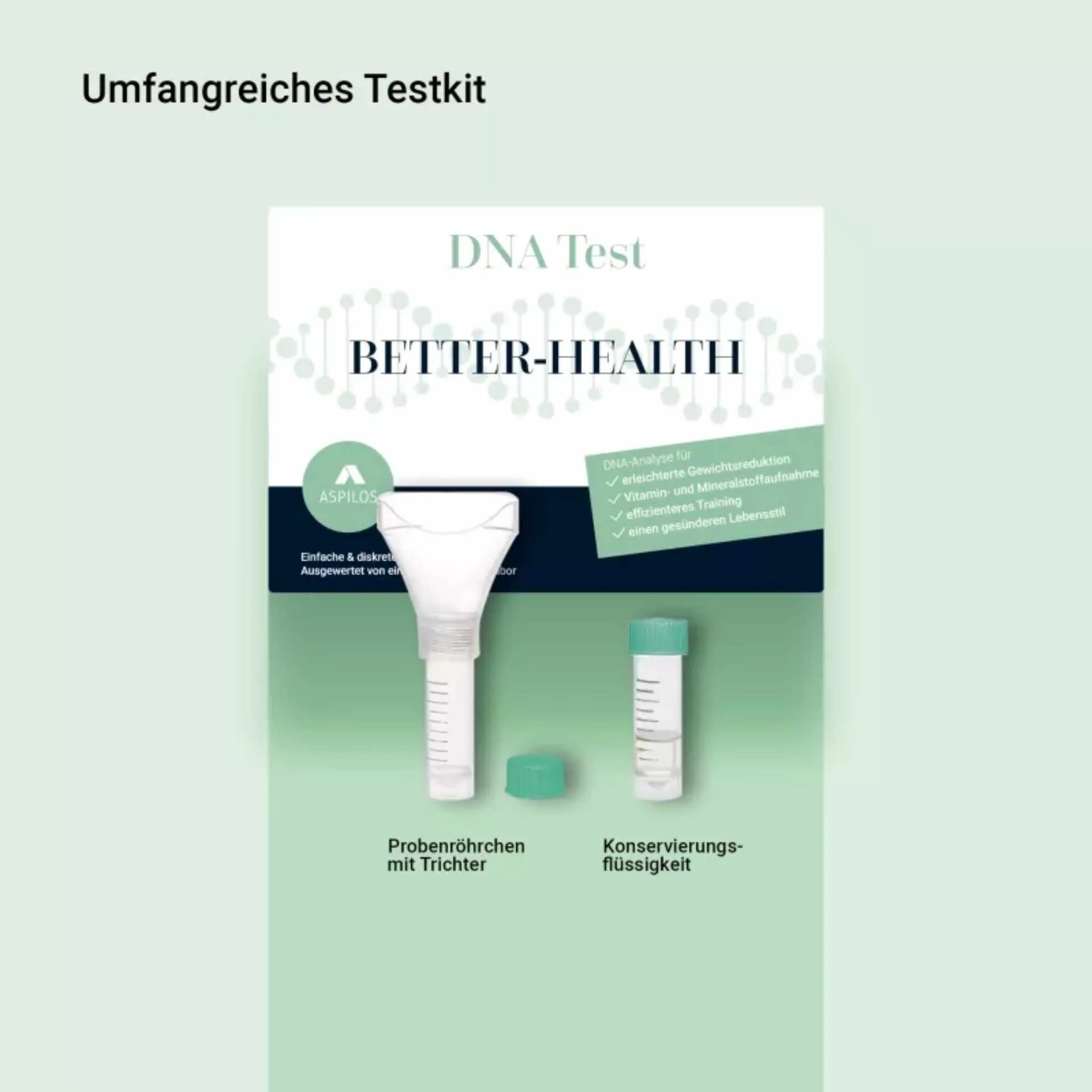 Better Health DNA-Test Kit Inhalt: Probenröhrchen, Trichter und Konservierungsflüssigkeit für die Speichelprobe