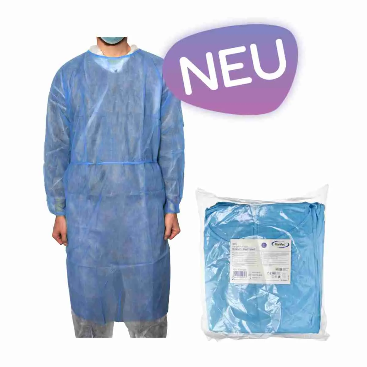MaiMed® Coat Protect Einmal-Schutzkittel in Blau mit Gummizug für medizinische Einrichtungen und Pflegebereiche
