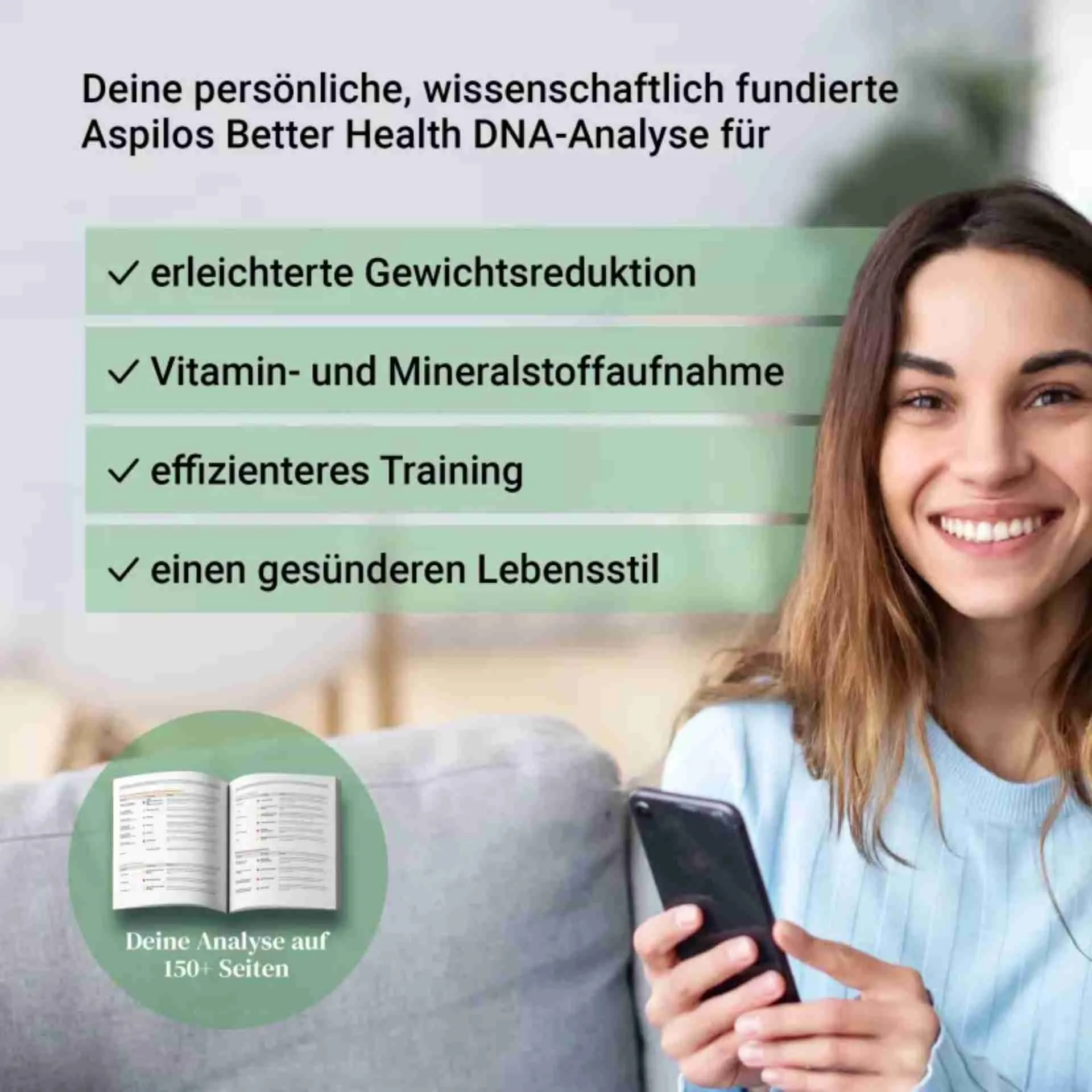 Frau mit Better Health DNA-Test Ergebnisbericht – personalisierte Gesundheits-, Ernährungs- und Fitnessempfehlungen