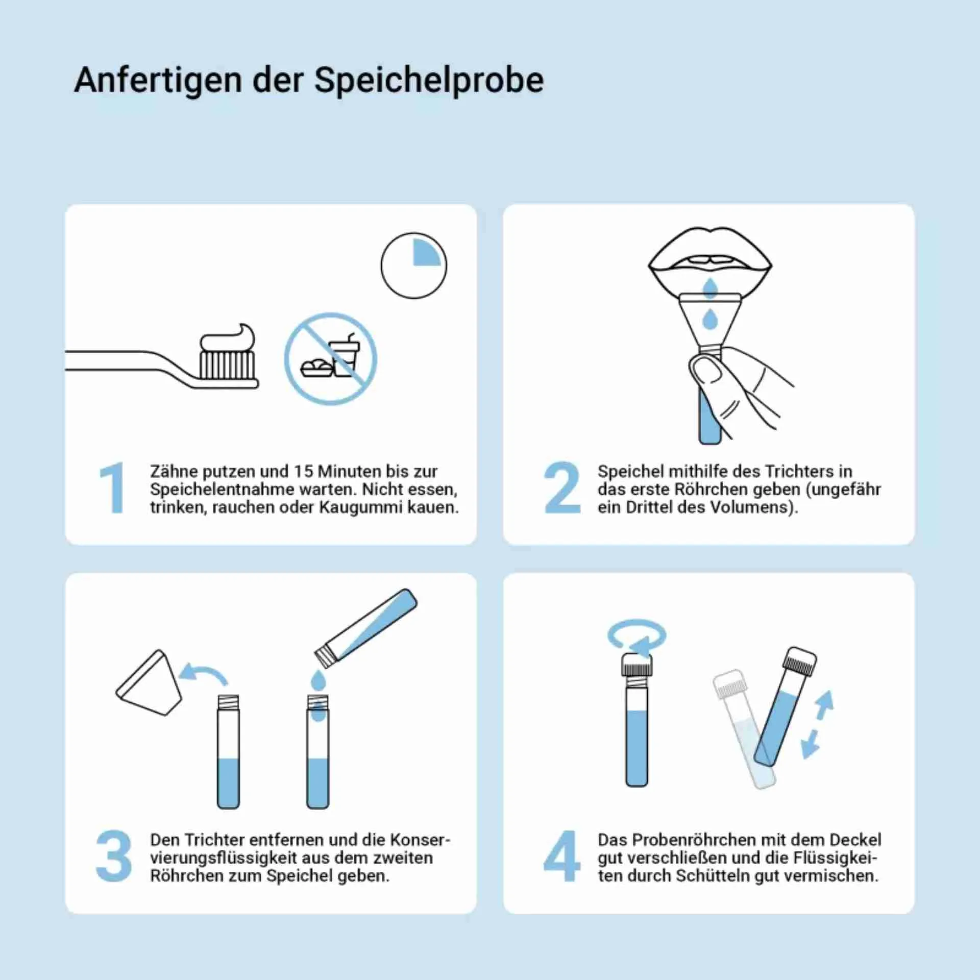 Speichelprobe Anleitung Fit-Vitality DNA-Test: Zähne putzen, 15 Minuten warten, Speichel in Röhrchen füllen