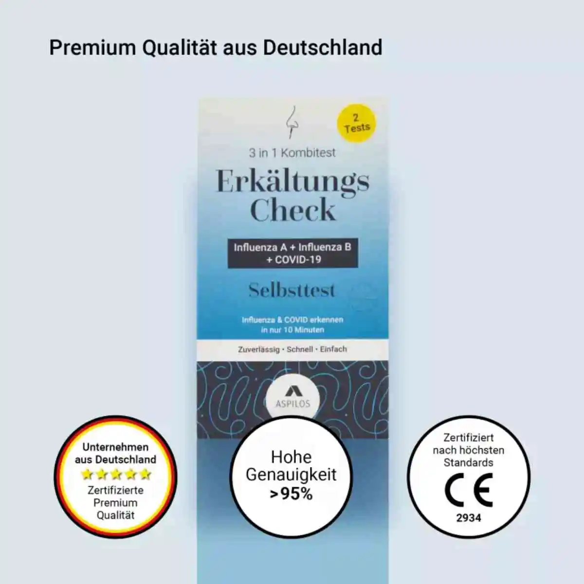 Erkältungs-Check 2er Pack – Verpackung des Kombitests für Corona sowie Influenza A und Influenza B mit deutscher Beschriftung