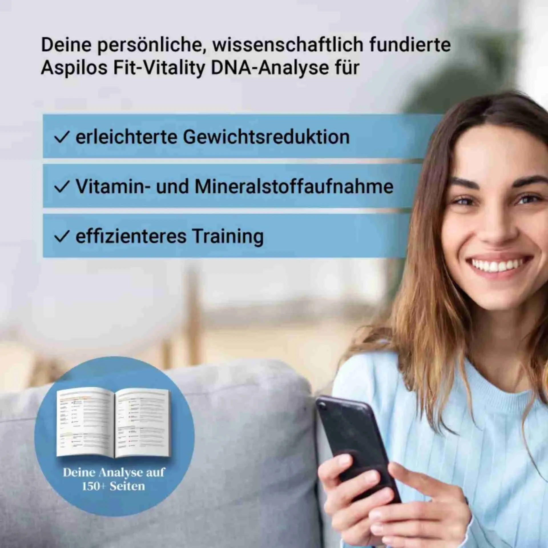 Frau mit Fit-Vitality DNA-Test Ergebnisbericht – personalisierte Trainings- und Ernährungsempfehlungen