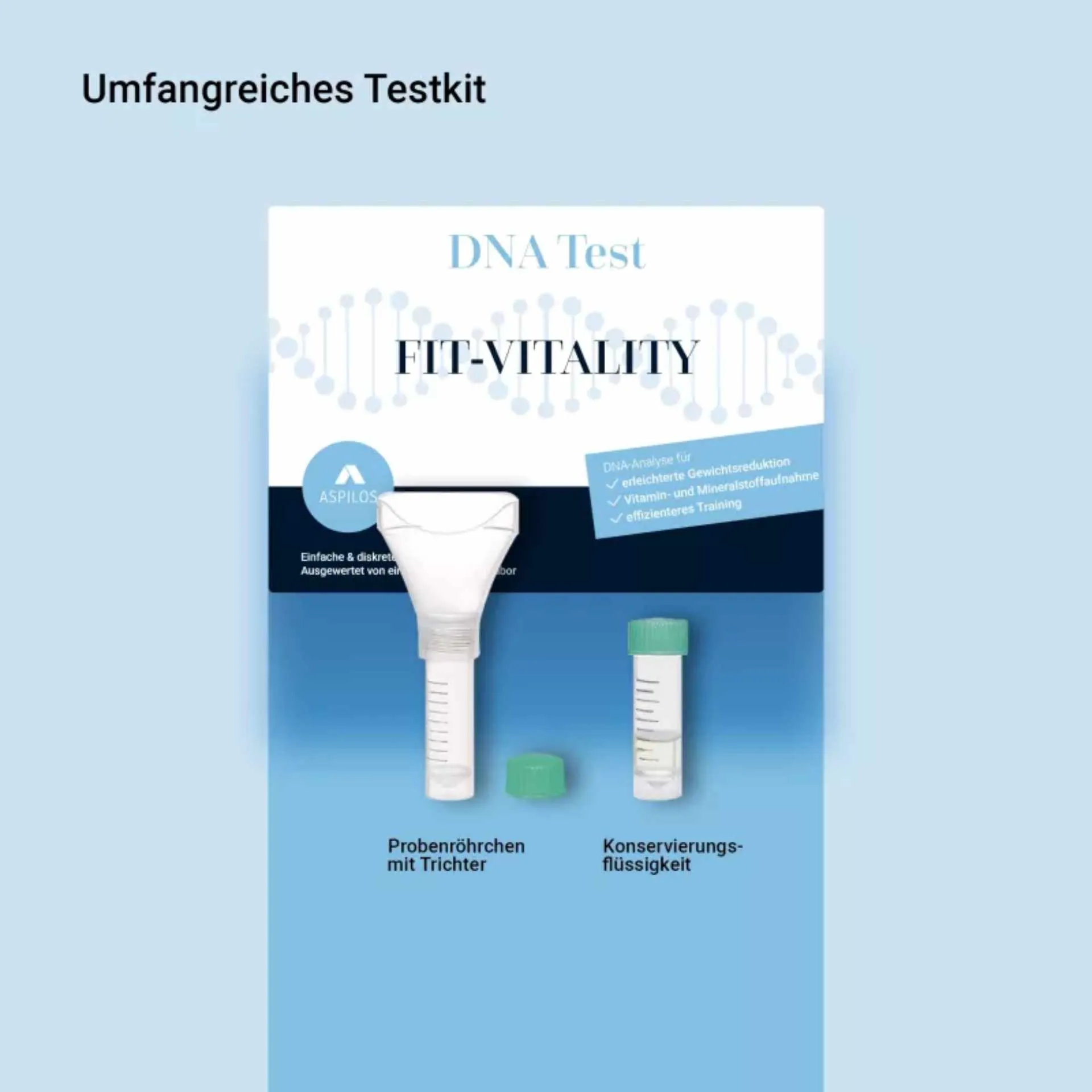 Fit-Vitality DNA-Test Kit Inhalt: Probenröhrchen, Trichter und Konservierungsflüssigkeit für Speichelprobe