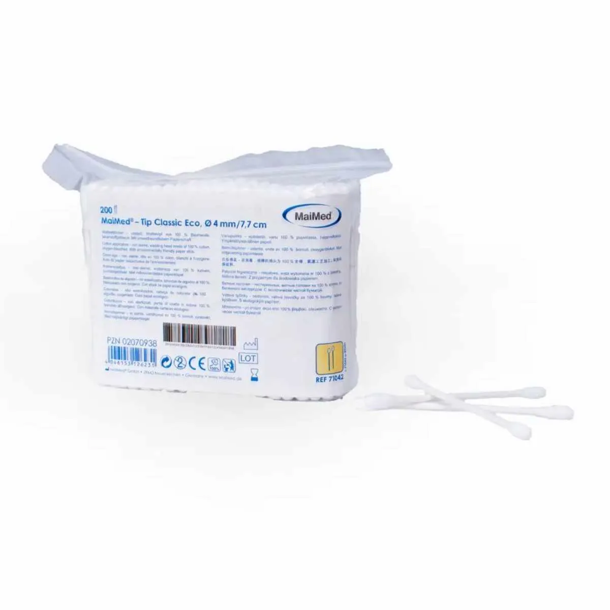 MaiMed Tip Classic Eco Wattestäbchen mit umweltfreundlichem Pappstab und beidseitigem Baumwollkopf für Reinigung, Pflege, Kosmetik und medizinische Anwendungen, 200 Stück
