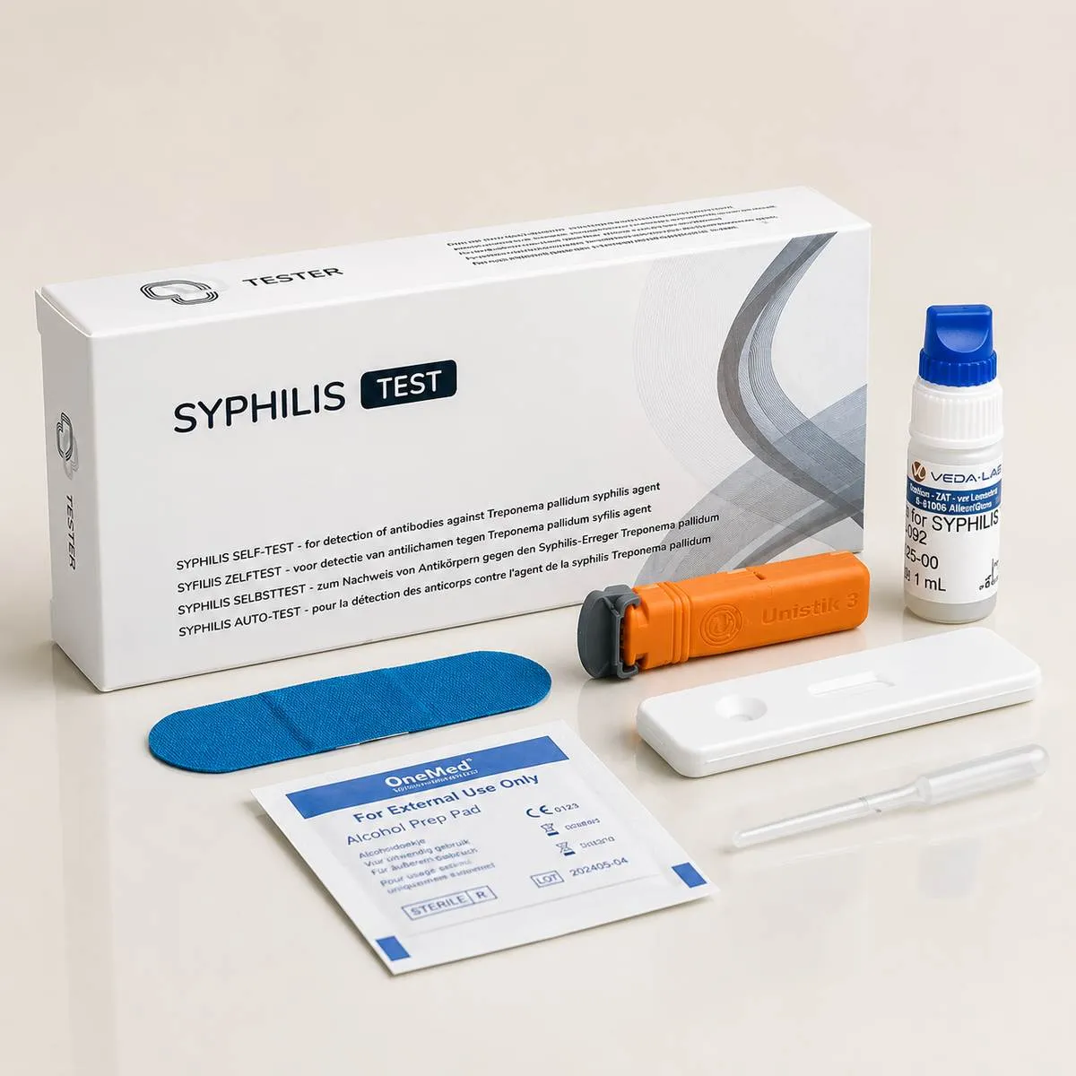 Syphilis Selbsttest für Zuhause – Verpackung mit Testkomponenten
