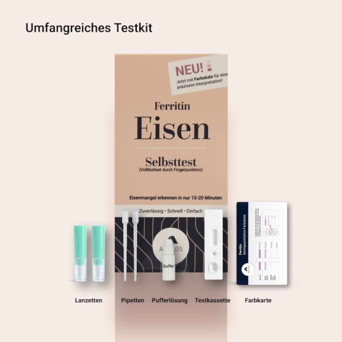 Lieferumfang des semiquantitativen Ferritin Eisen Selbsttests mit Lanzetten, Pipetten, Pufferlösung, Testkassette und Farbkarte zur Ergebnisinterpretation