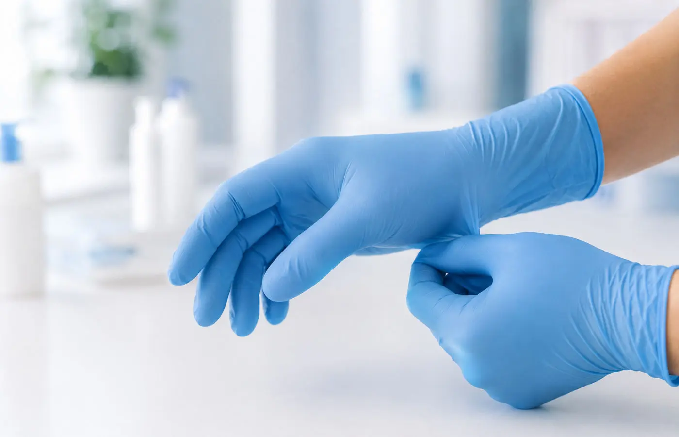 Medizinische Fachkraft in blauen Nitrilhandschuhen bei der Arbeit