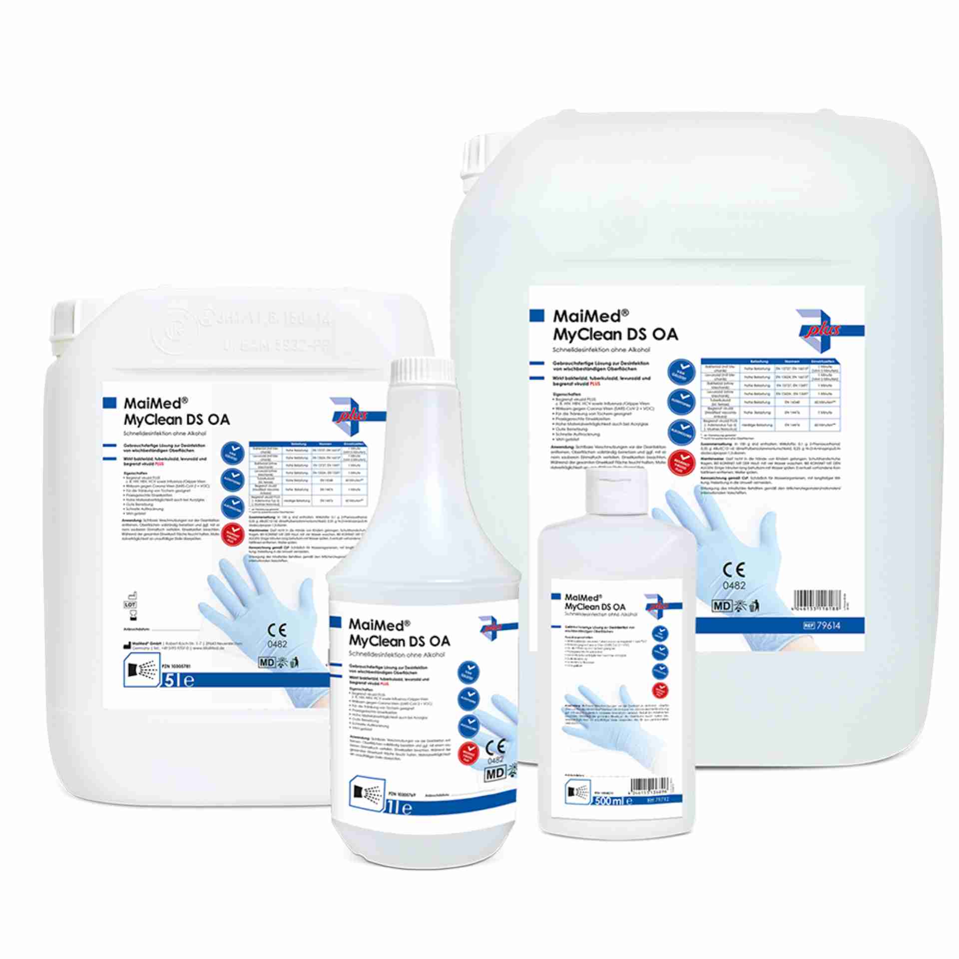 MaiMed® MyClean DS OA – Produktserie alle Größen MaiMed® MyClean DS OA alkoholfreie Schnelldesinfektion – 500 ml, 1 l, 5 l und 10 l Varianten