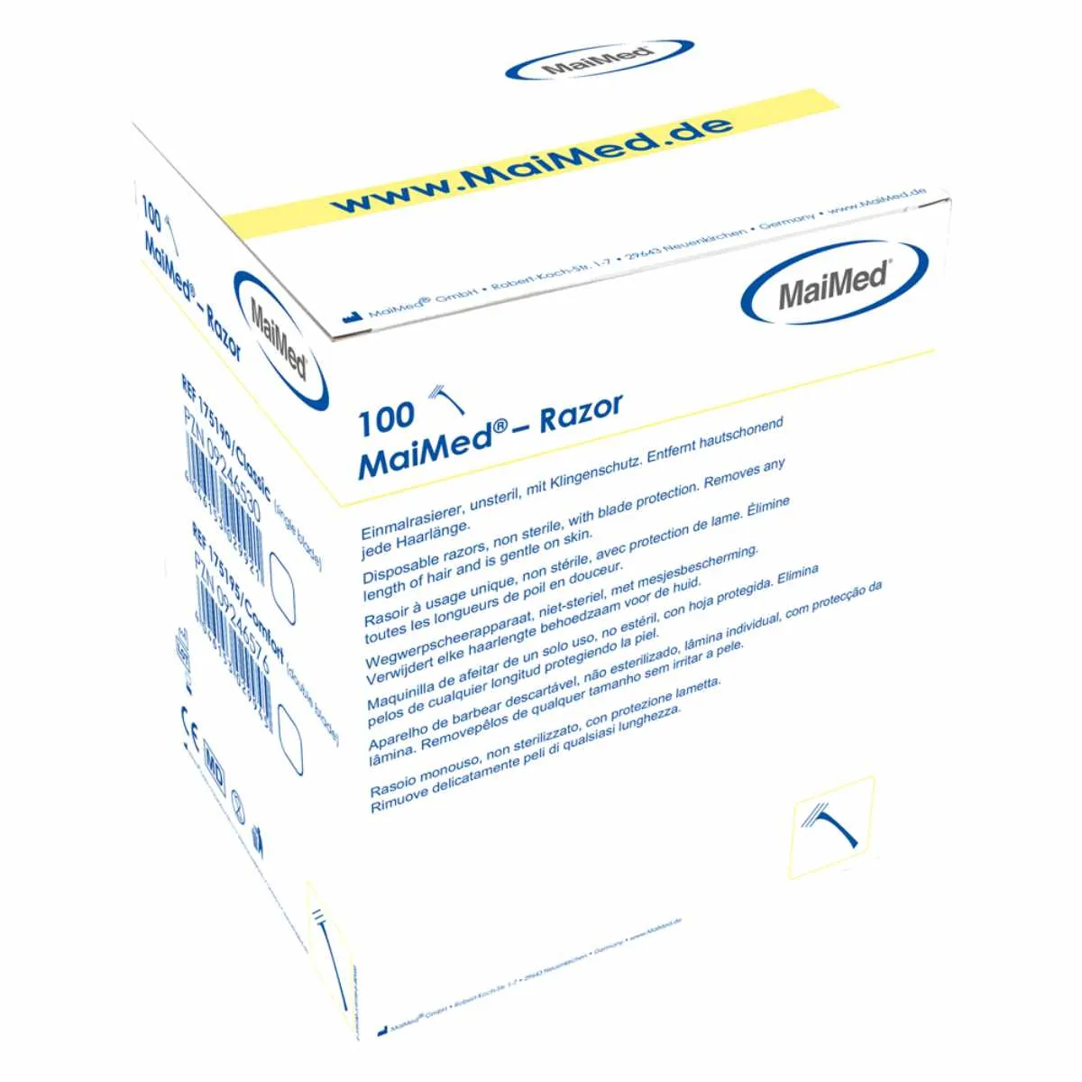 MaiMed Razor Einmalrasierer Classic und Comfort mit Klingenschutz für die hygienische Patientenrasur vor Operationen, Behandlungen und pflegerischen Maßnahmen in Klinik, Praxis und Pflege