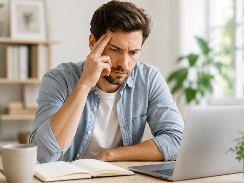 Nachdenklicher Mann mit Konzentrationsproblemen am Laptop als mögliches Symptom eines Vitamin-B12-Mangels oder anderer Nährstoffmängel