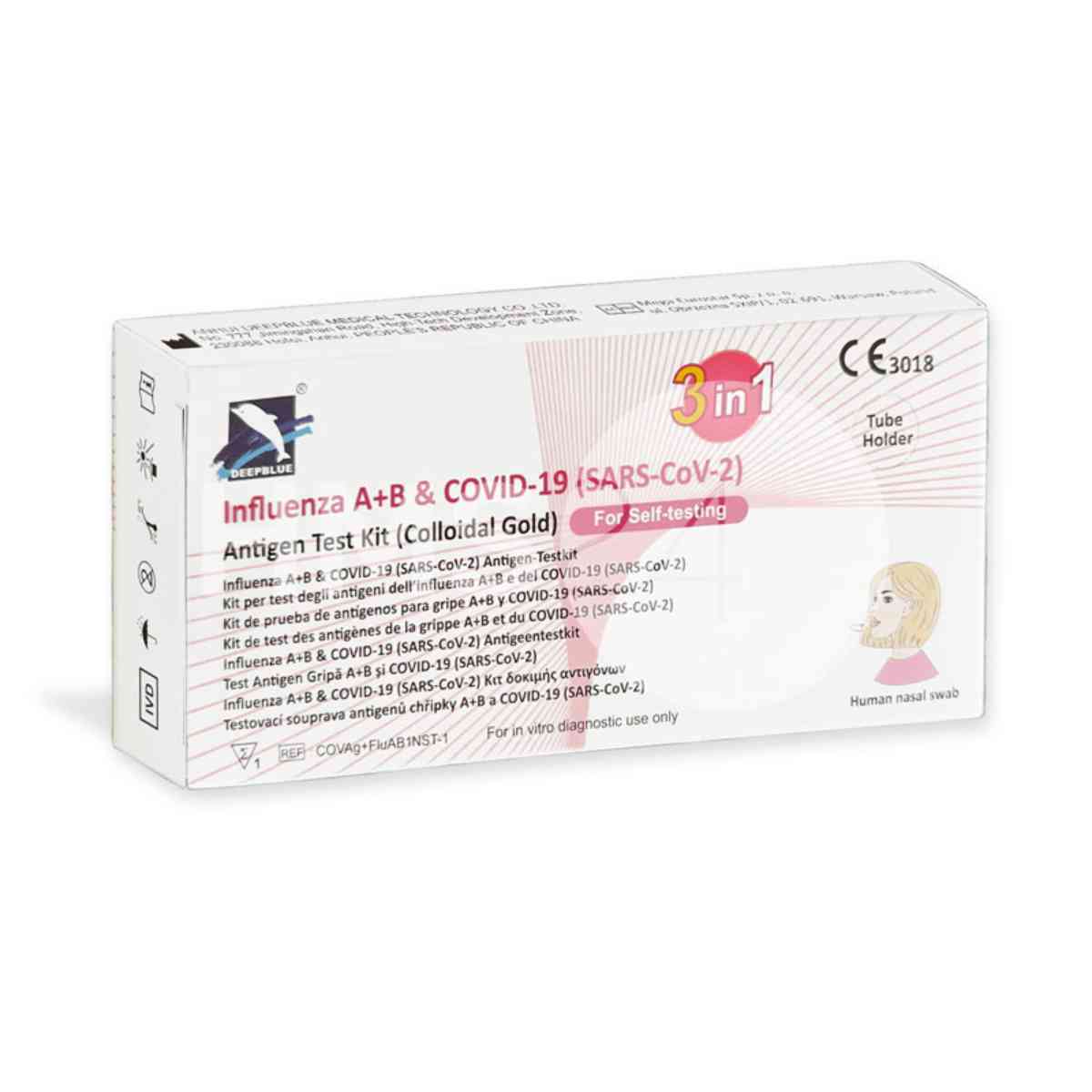 Deepblue 3in1 Kombitest – Verpackung des Schnelltests für Corona, Influenza A und Influenza B