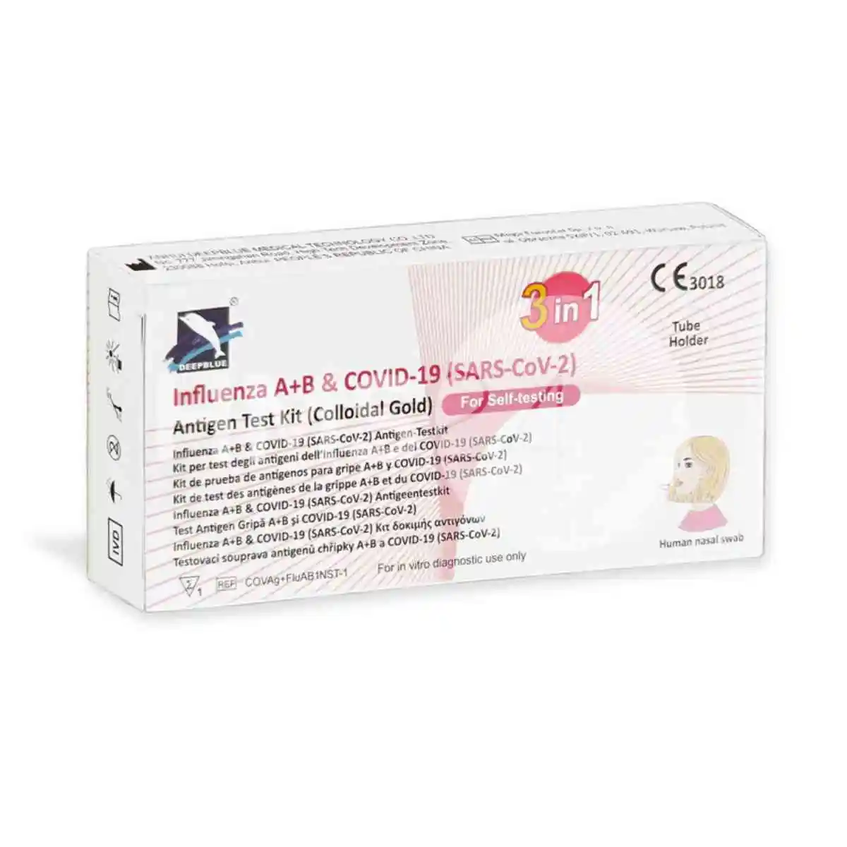Deepblue 3in1 Kombitest – Verpackung des Schnelltests für Corona, Influenza A und Influenza B