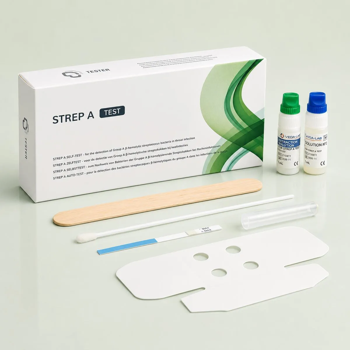 Streptokokken A Selbsttest für Zuhause – Verpackung mit Testkomponenten