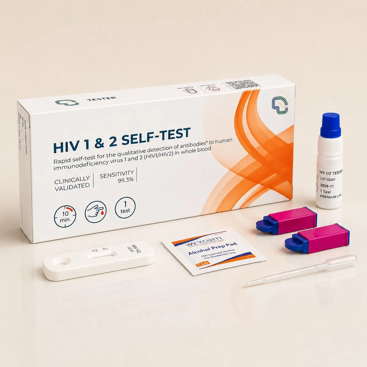HIV 1 & 2 Selbsttest für Zuhause – Verpackung mit Testkomponenten