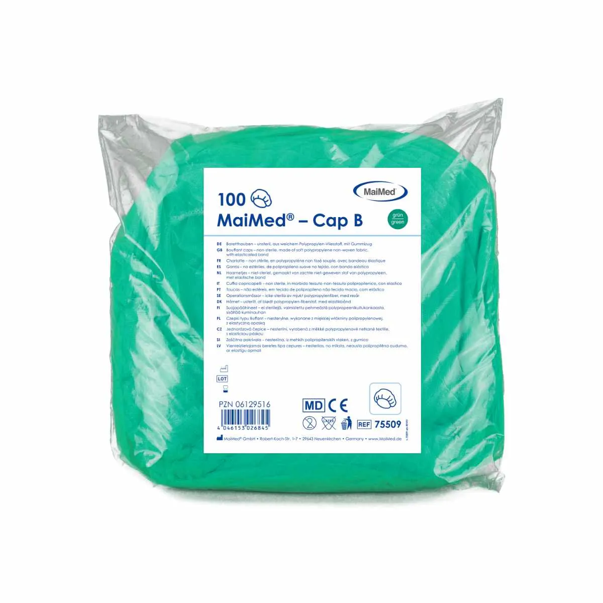 MaiMed Cap B Baretthaube Grün, 100 Stück im Beutel, aus weichem Polypropylen-Vliesstoff für Klinik, Pflege und Lebensmittelindustrie.