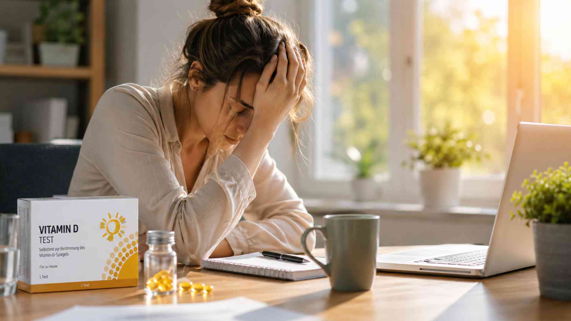 Erschöpfte Frau am Schreibtisch mit Konzentrationsproblemen als mögliche Anzeichen für einen Vitamin-D-Mangel oder andere Nährstoffmängel