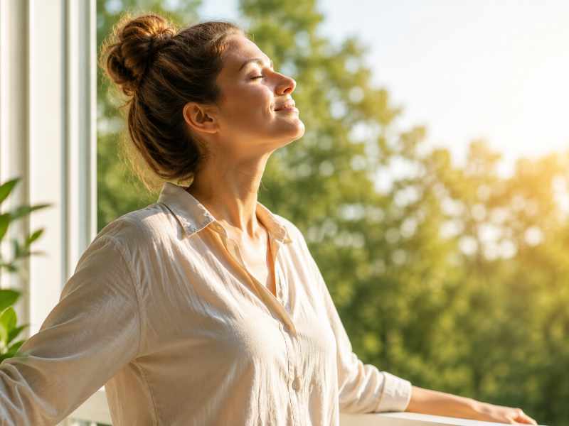Frau genießt Sonnenlicht im Freien als Symbol für Vitamin D, starke Knochen und ein gesundes Immunsystem
