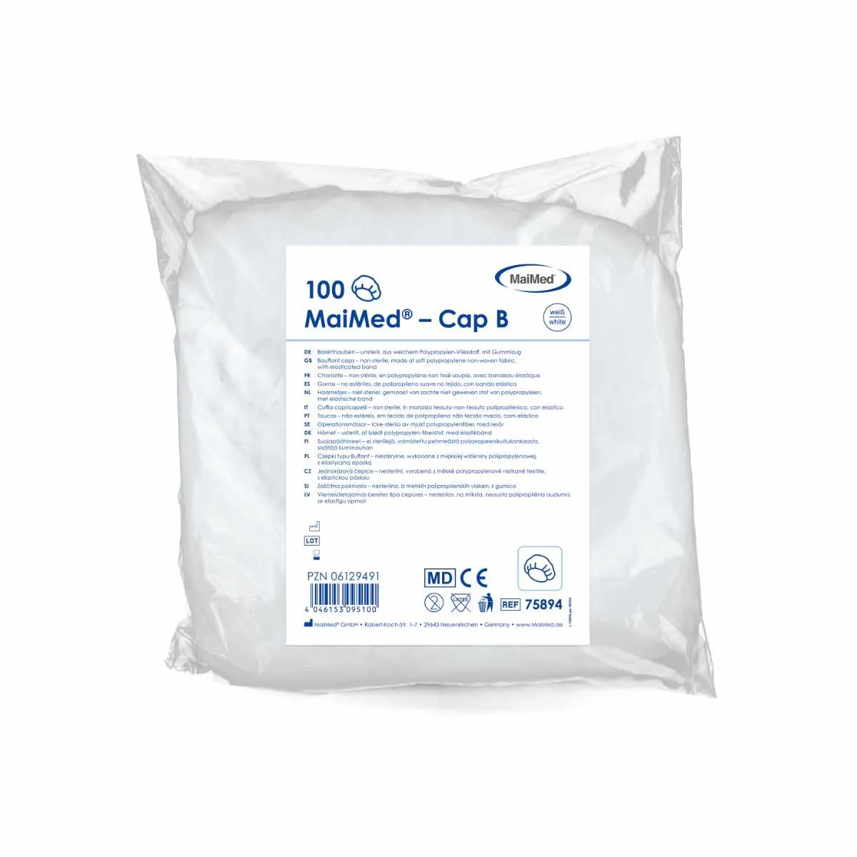 MaiMed Cap B Baretthaube Weiß, 100 Stück im Beutel, aus Polypropylen-Vliesstoff mit elastischem Gummizug für hygienische Arbeitsbereiche.