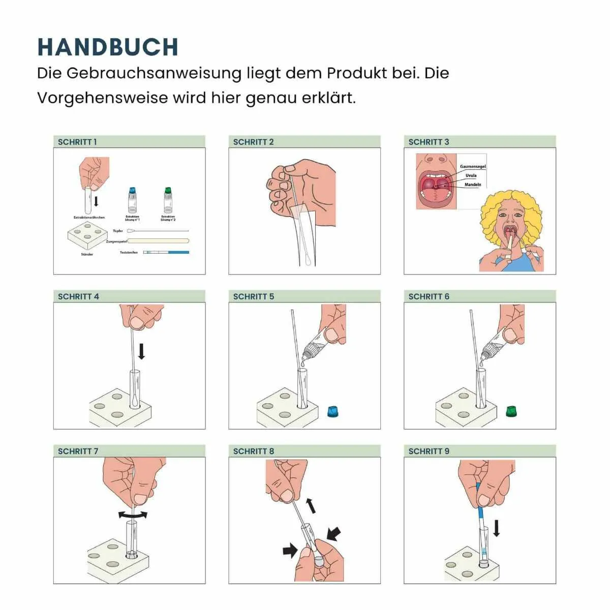 Bebilderte Gebrauchsanleitung eines Selbsttests für Zuhause