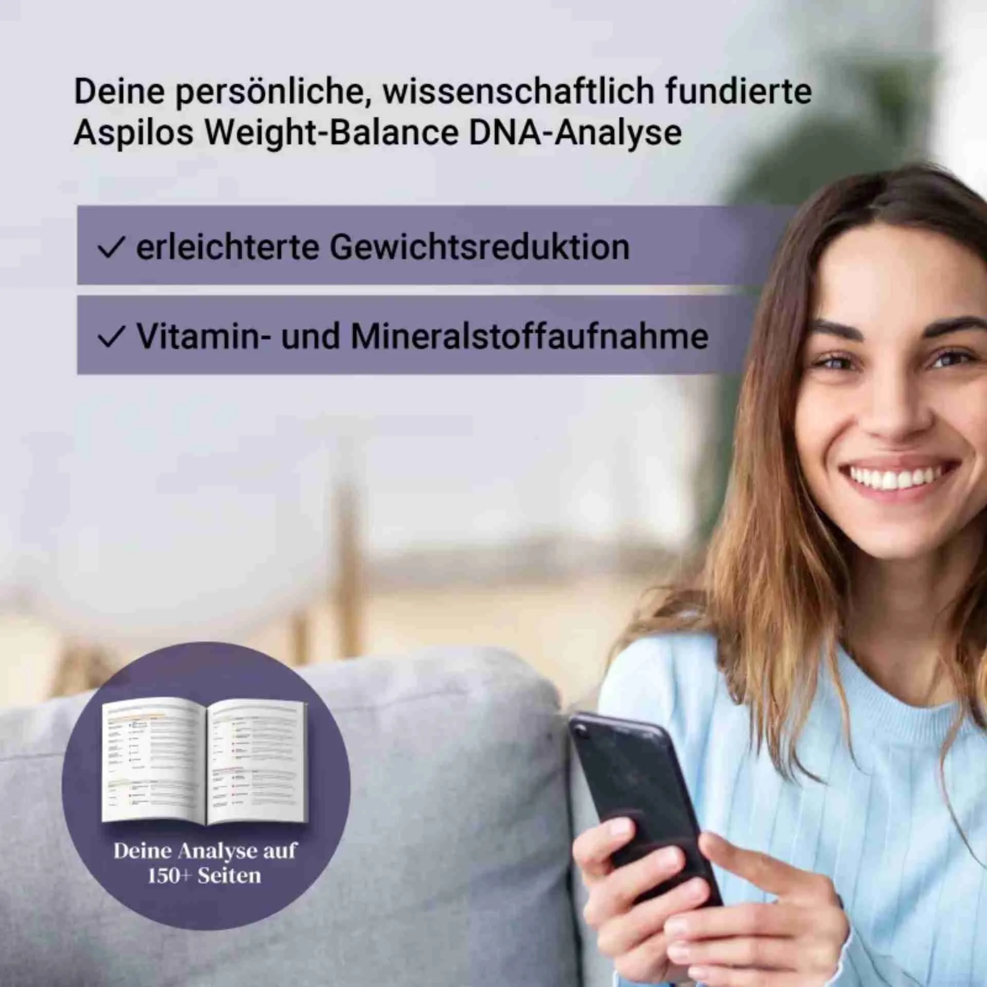Frau mit Weight-Balance DNA-Test Ergebnisbericht – personalisierte Ernährungs- und Stoffwechselempfehlungen