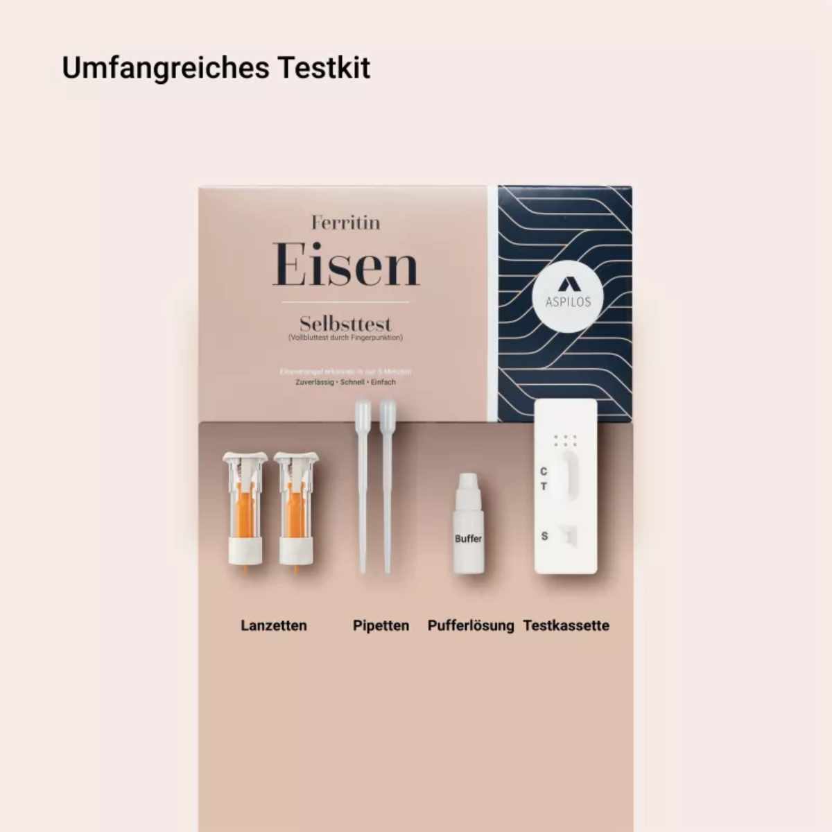 Lieferumfang des Ferritin Eisen Selbsttests mit Sicherheitslanzetten, Pipetten, Pufferlösung und Testkassette für die Anwendung zuhause