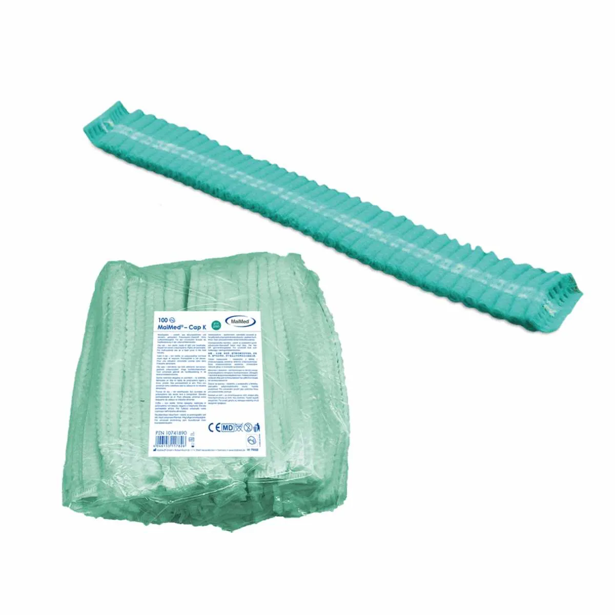 MaiMed Cap K Cliphaube Grün, 100 Stück im Beutel, aus atmungsaktivem Polypropylen-Vliesstoff mit elastischem Gummizug.
