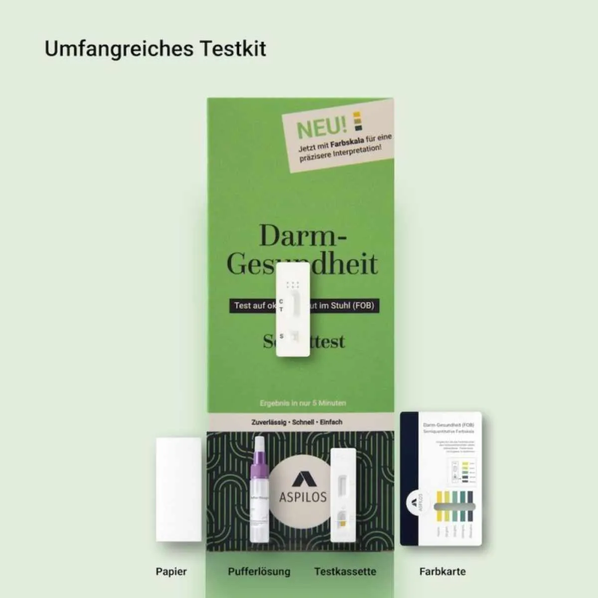 Lieferumfang des Aspilos FOB-Selbsttests: Testkassette, Probenröhrchen, Farbkarte und Anleitung