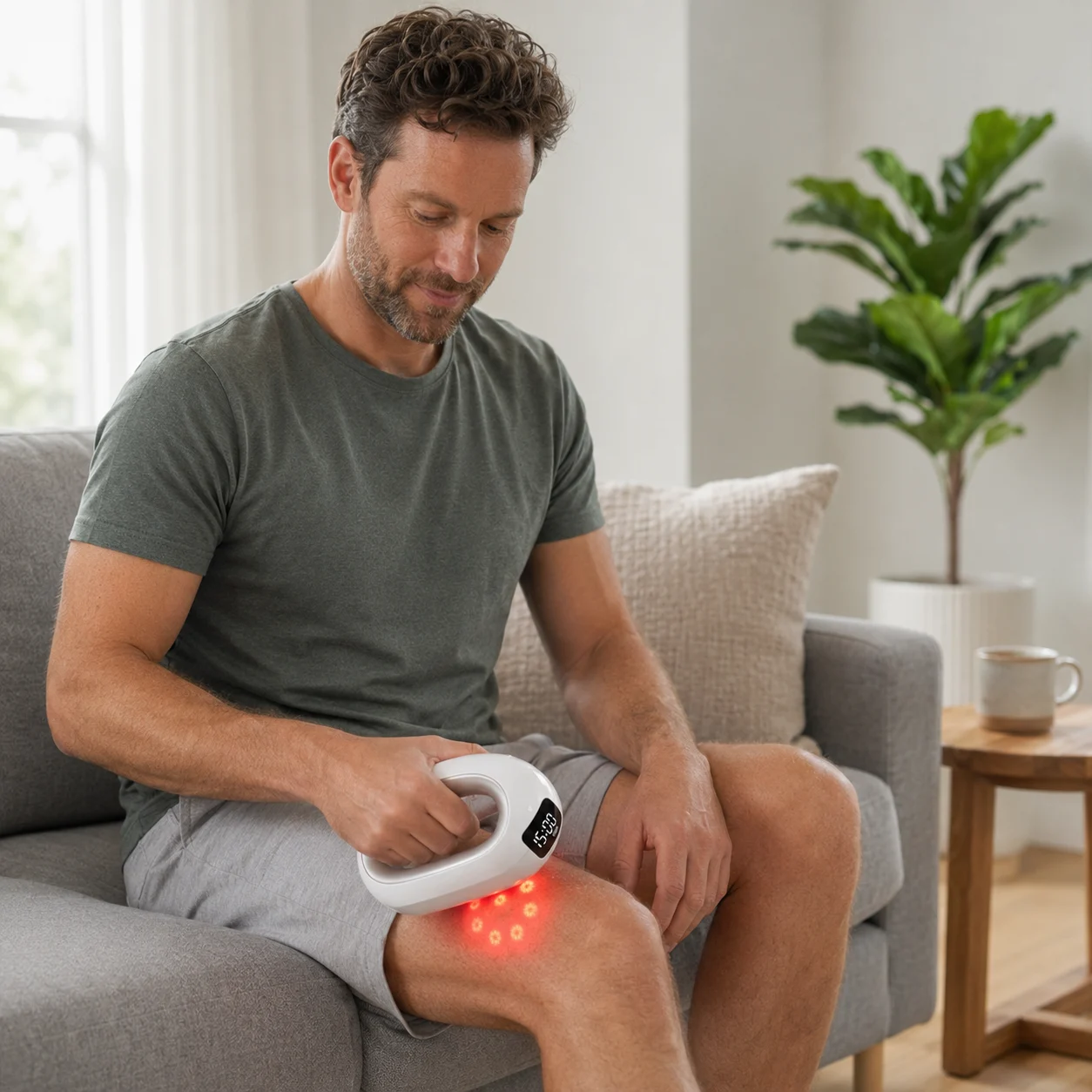 Mann nutzt Rotlichtgerät am Knie
