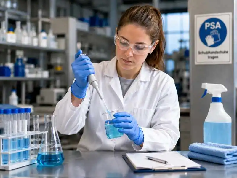 Laborperson mit blauen Nitrilhandschuhen