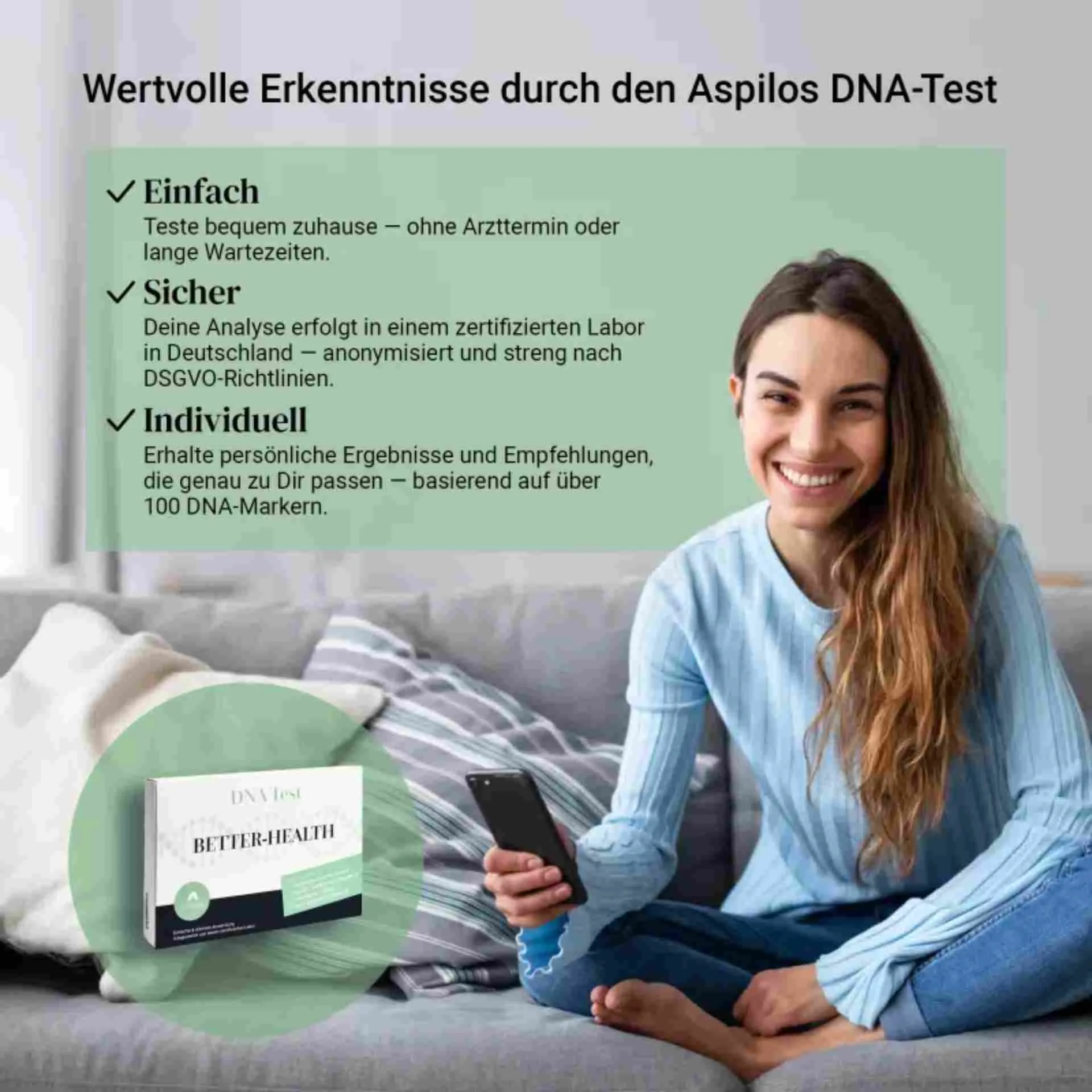 Vorteile des Better Health DNA-Tests: einfache Heimanwendung, ISO-zertifiziertes Labor Deutschland, individuelle Ergebnisse