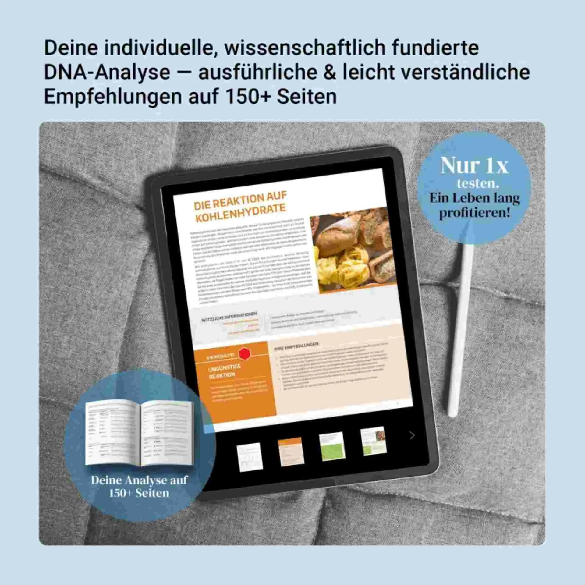 Beispielseite des Fit-Vitality DNA-Analyseberichts auf Tablet – genetische Fitnessauswertung mit Trainingsempfehlungen