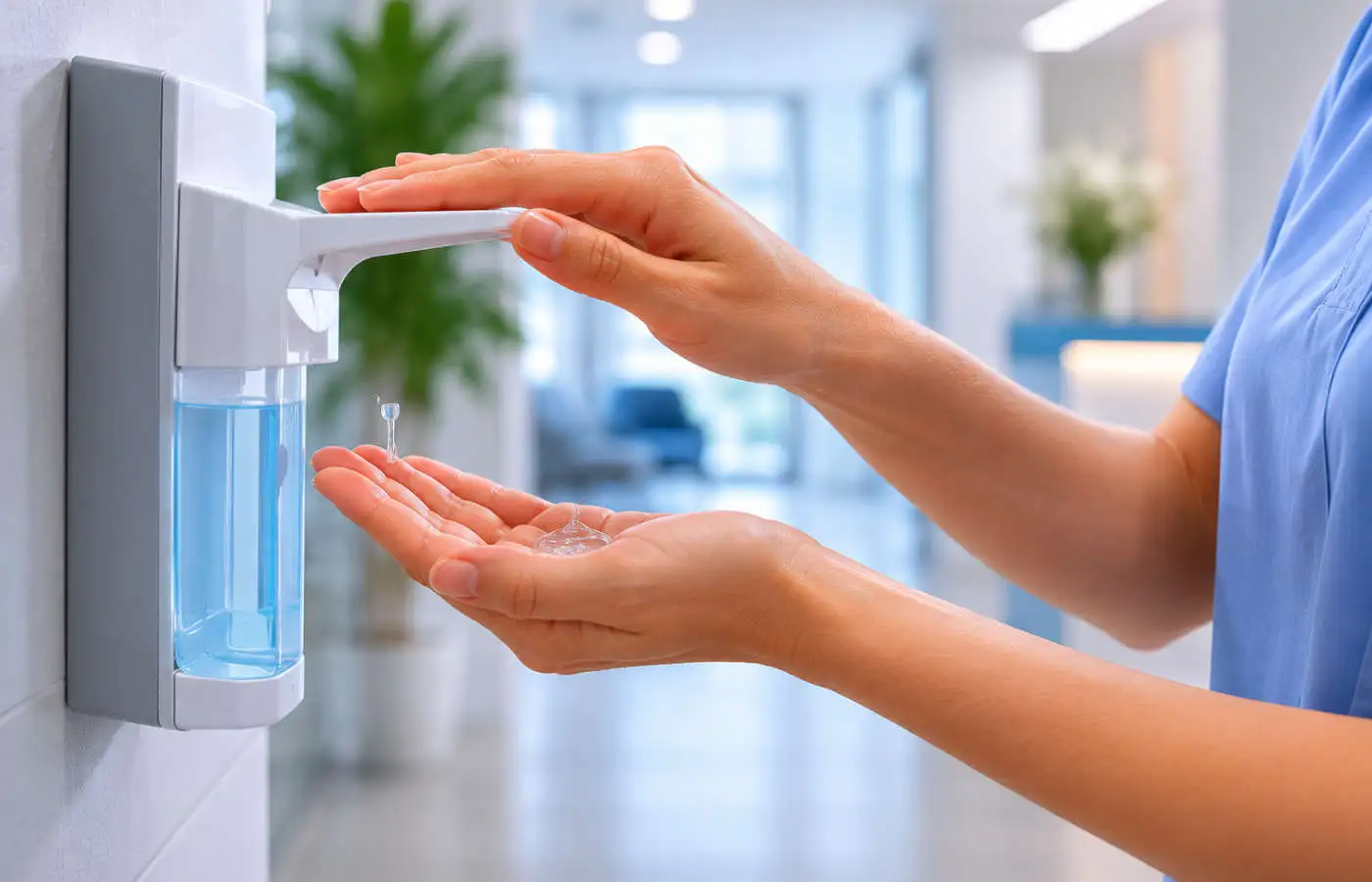 Hygienische Händedesinfektion am Spender in einer Arztpraxis